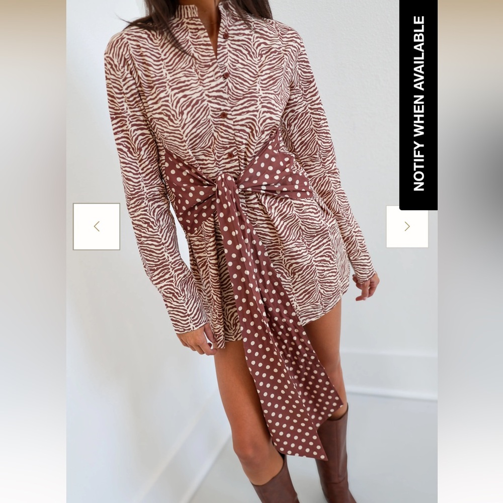 Mary Zebra Button Tie Mini Dress - Brown/Cream - XS